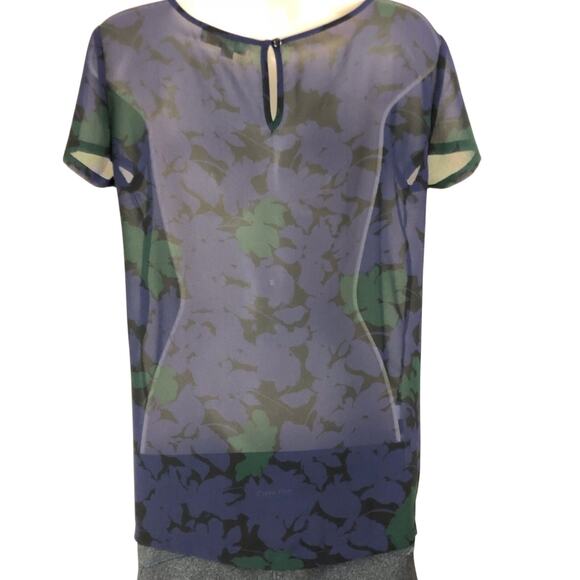 Ann Taylor Loft Purple Black Green Floral Short Sleeve Top Feminine Ruffle Front - Picture 2 of 16